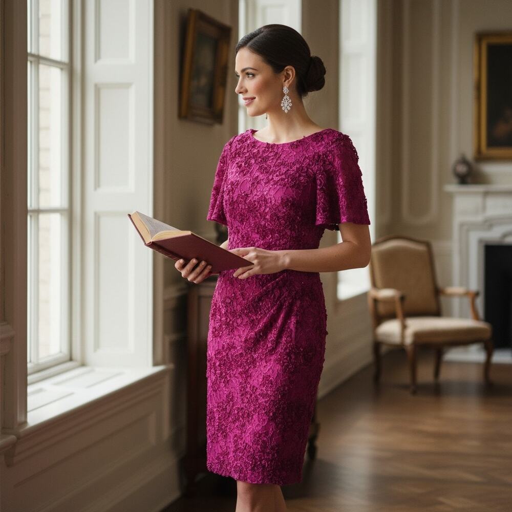 Jessica Hampton Women’s Size 6 Magenta Lace Dress NWT  Cape Sleeve Detail
